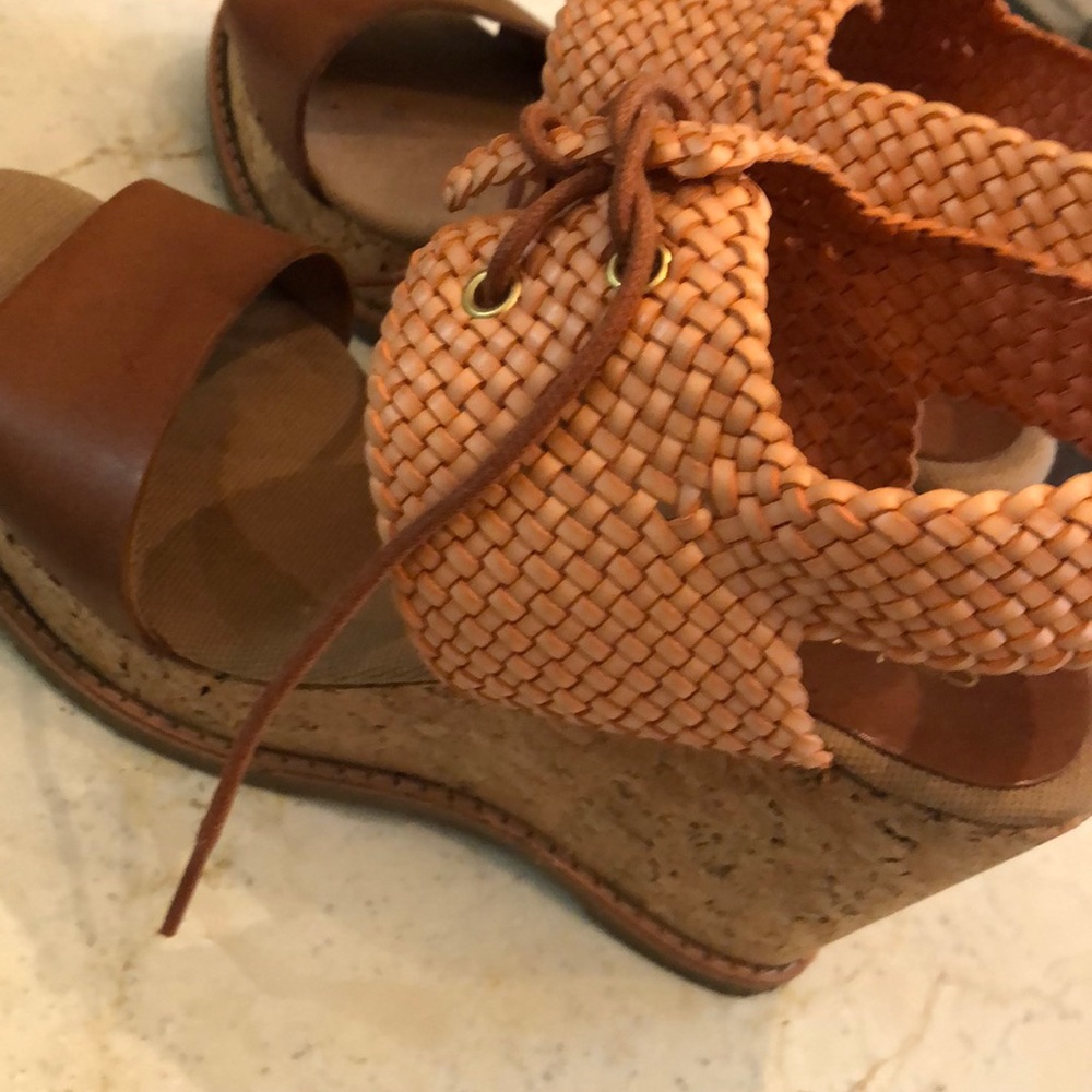 Andre Assous cork wedge orange and tan leather